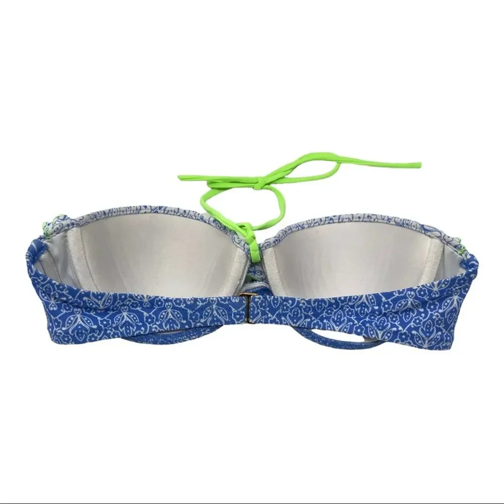 Victoria’s Secret Blue Floral Print Ruffle Neo Green Tie Bikini Top Size 34 B